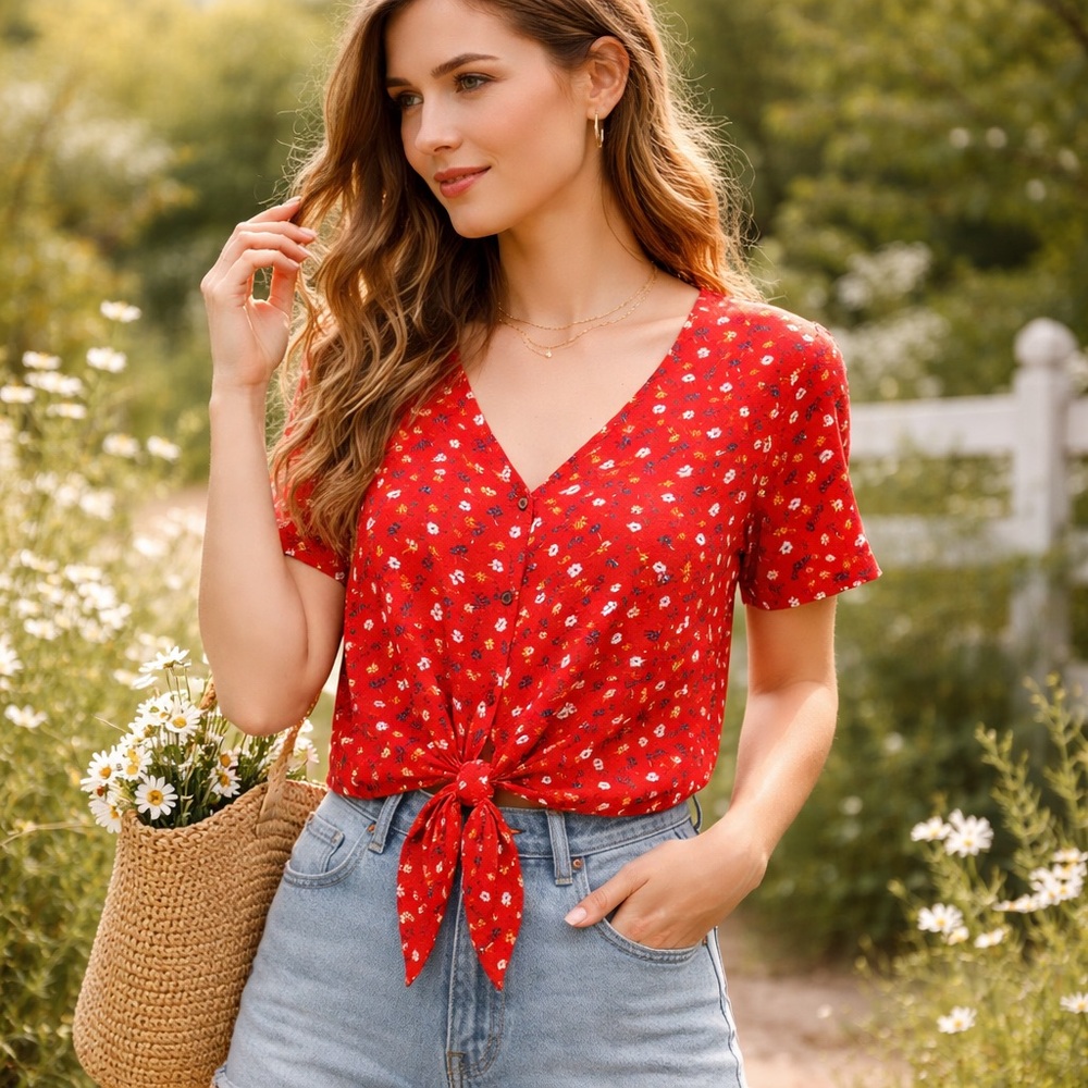 Madewell Red Floral Tie-Front V-Neck Blouse